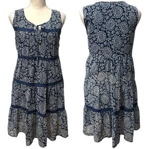 As U Wish Boho Floral Tiered Midi Dress S Blue White Sleeveless Summer Festival